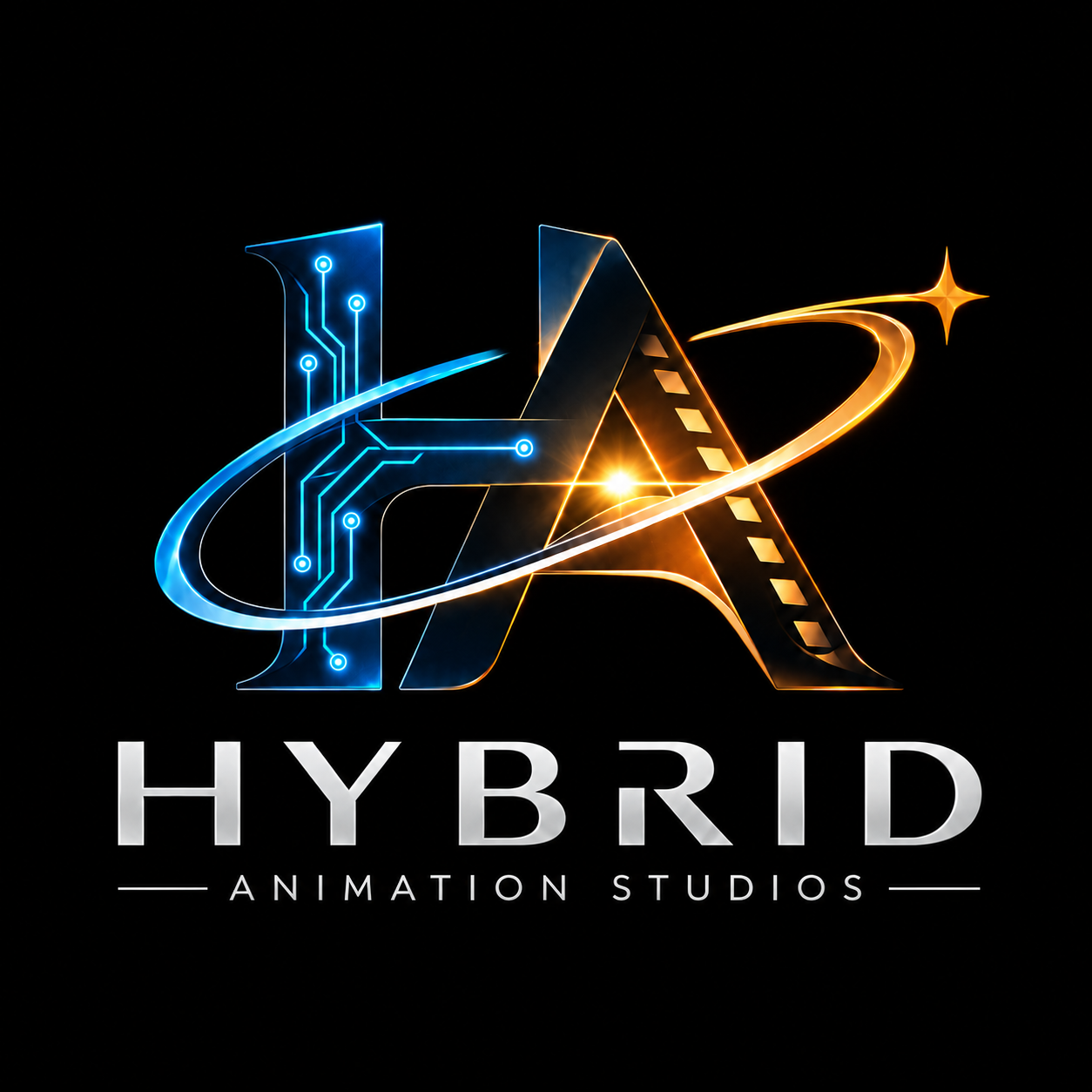 Hybrid Animation Studios — cyan and gold HA emblem with an orbiting star
